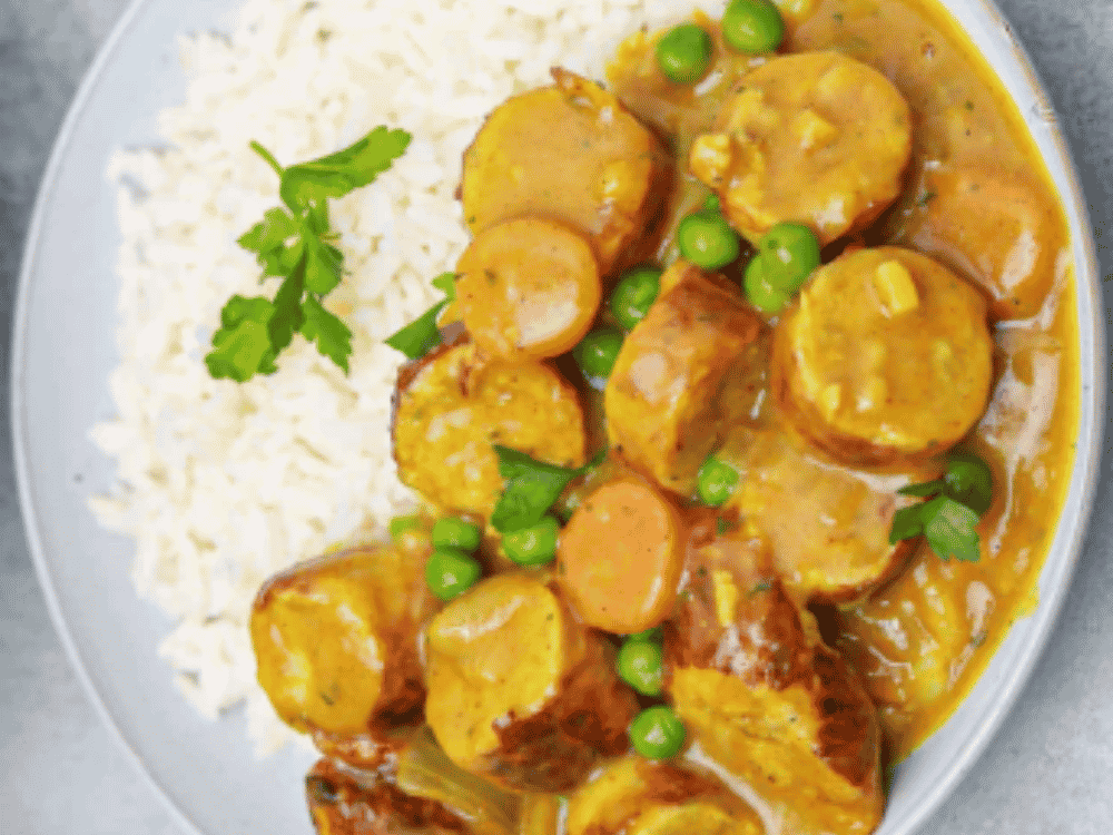Curried sausages with rice